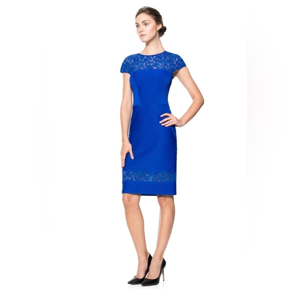 NWT Tadashi Shoji Pintuck Paneled Sheath Dress in Lapis Blue, Size Petite Large